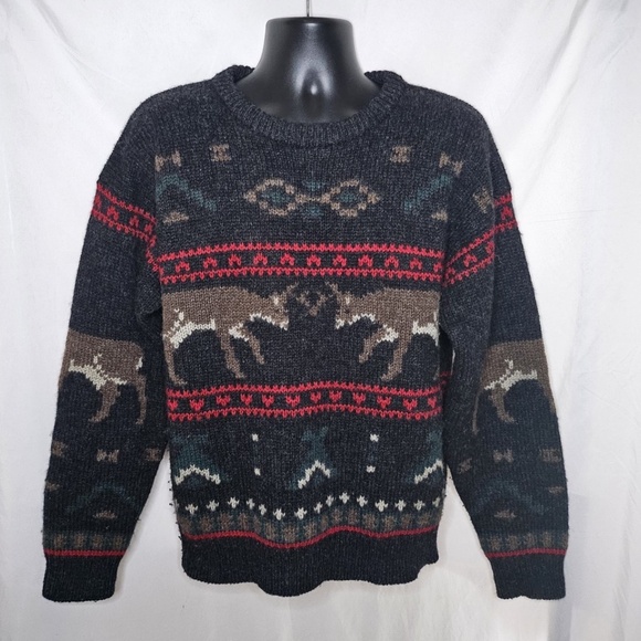 Mens VTG Woolrich Deer Buck Fight Fair Isle Nordic Wool Ugly1